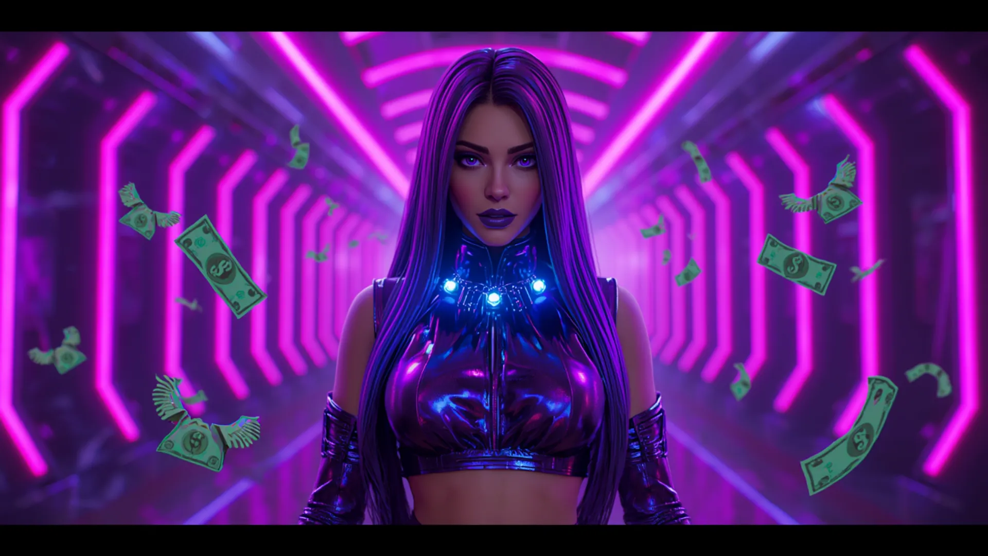 Rockstar Casino cyberpunk woman with purple hair in neon corridor surrounded by flying dollar bills